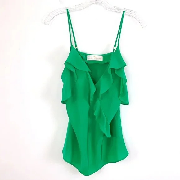 Amanda Uprichard Silk Ruffle Front Spaghetti Strap Cami Top Kelly Green Medium - Picture 14 of 16